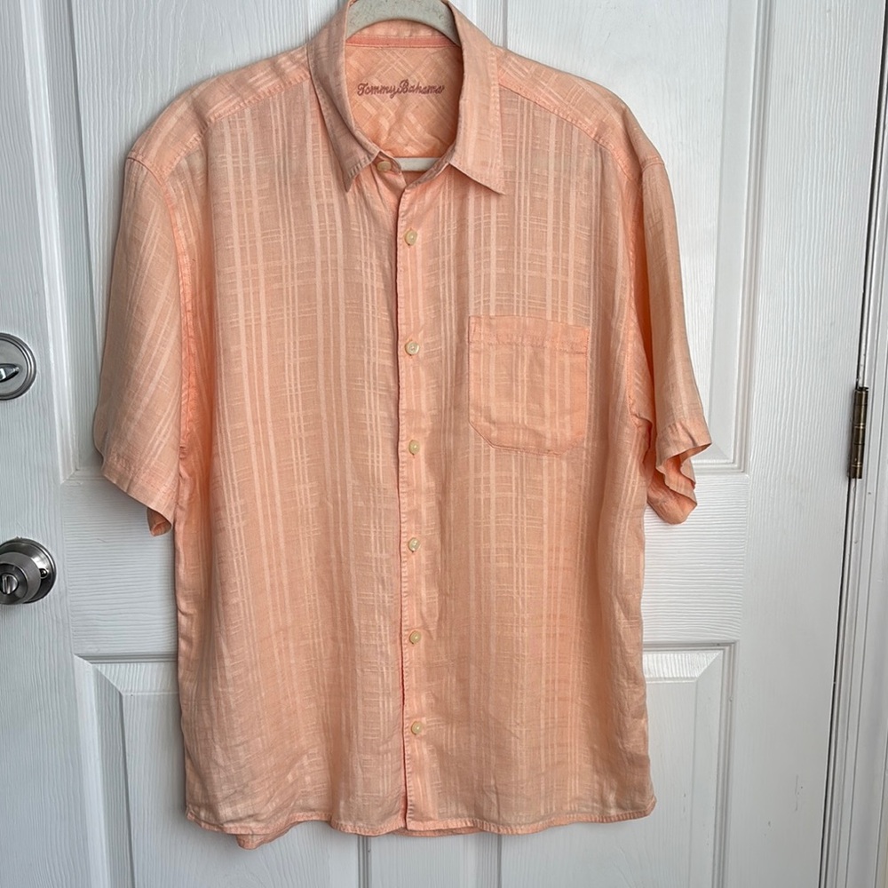 Tommy Bahama 100% Linen button down Men's Peach Shirt size Large resort beach